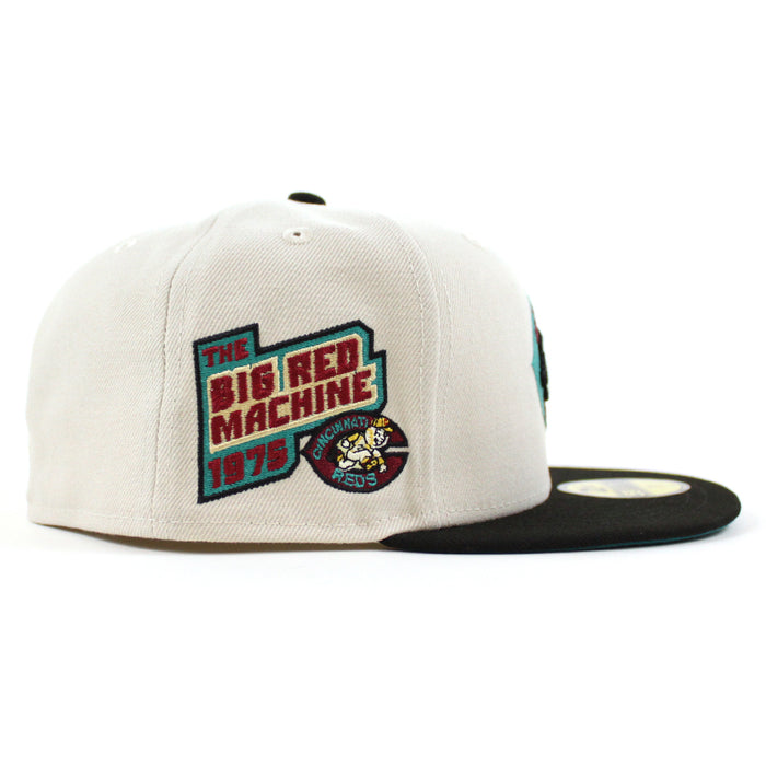 Cincinnati Reds 1975 BIG RED MACHINE New Era 59Fifty Fitted Hat (STONE BLACK AQUA  Under Brim)