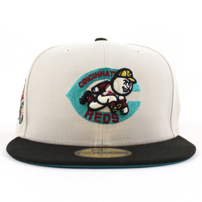 Cincinnati Reds 1975 BIG RED MACHINE New Era 59Fifty Fitted Hat (STONE BLACK AQUA  Under Brim)