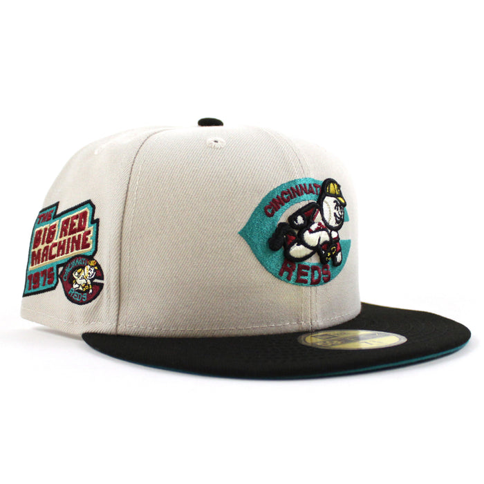 Cincinnati Reds 1975 BIG RED MACHINE New Era 59Fifty Fitted Hat (STONE BLACK AQUA  Under Brim)