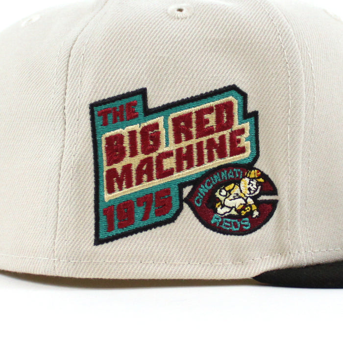 Cincinnati Reds 1975 BIG RED MACHINE New Era 59Fifty Fitted Hat (STONE BLACK AQUA  Under Brim)