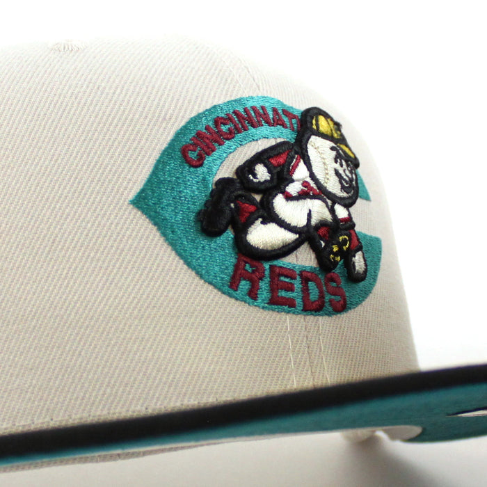 Cincinnati Reds 1975 BIG RED MACHINE New Era 59Fifty Fitted Hat (STONE BLACK AQUA  Under Brim)