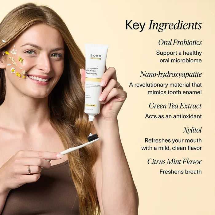 Woman holding a toothbrush and toothpaste with product features listed on a beige background