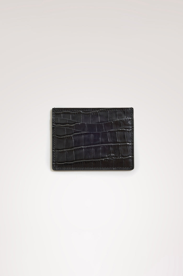 Classic Card Holder in Croc-Embossed Spanish Leather With Top Pocket, Two Front Slip Pockets, and Embossed Rails Logo in Black Croc Embossed Colorway -