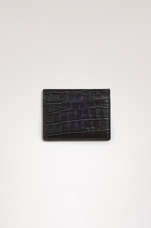 Classic Card Holder in Croc-Embossed Spanish Leather With Top Pocket, Two Front Slip Pockets, and Embossed Rails Logo in Black Croc Embossed Colorway -