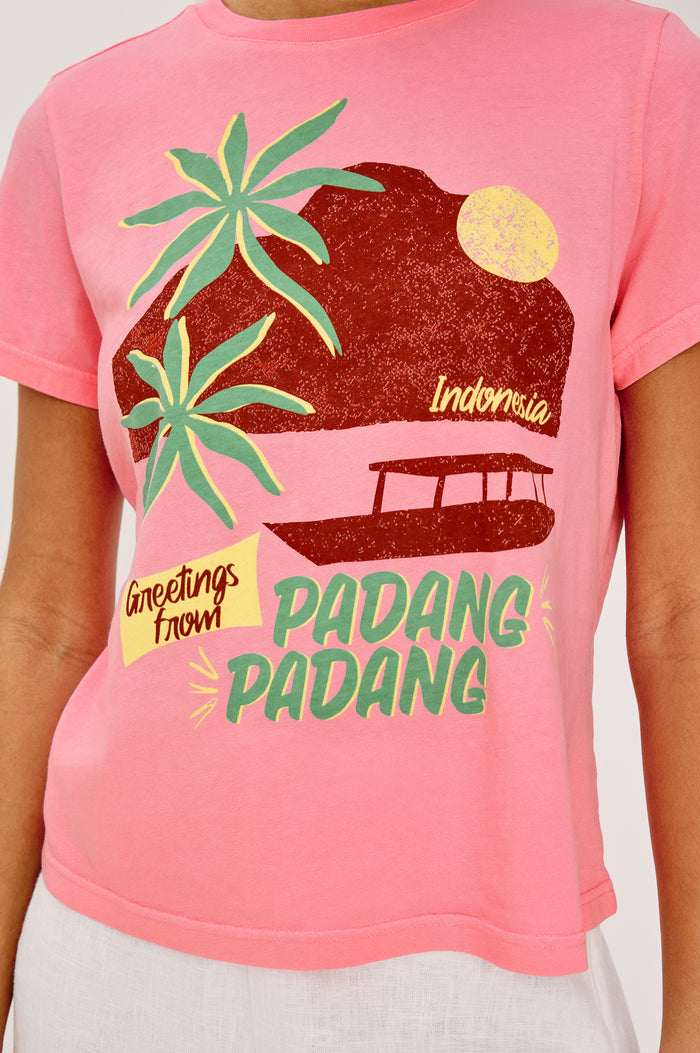 Classic Crew Neck T-Shirt in Pima Cotton With Relaxed FIt and Short Sleeves in Padang Colorway - Upper Body Close Up Front View Featured on Model