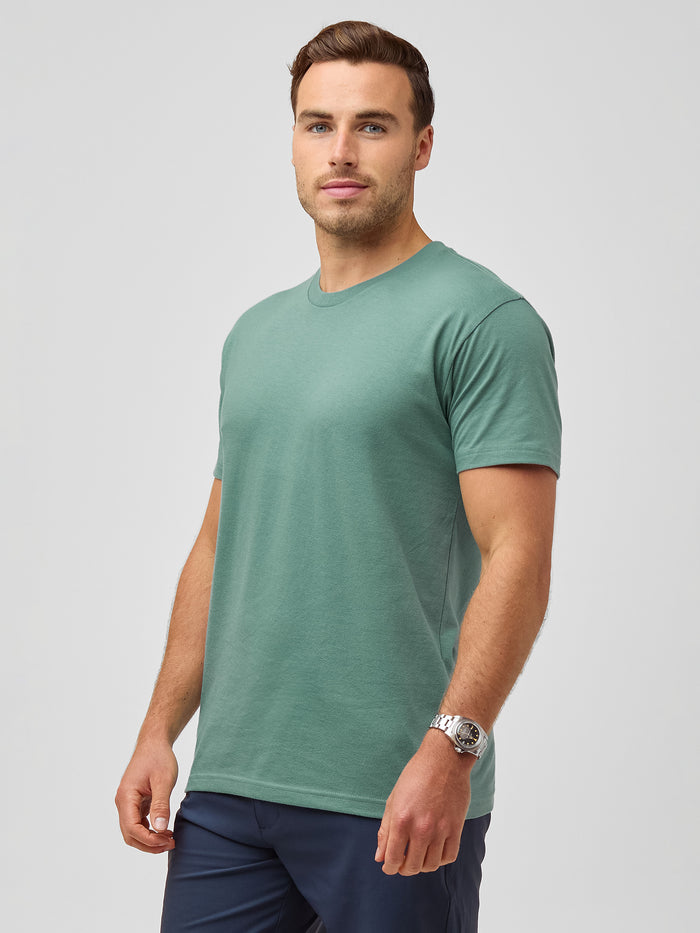 Jake is 5'11" and wears size M # Sagebrush green crew neck t-shirt for men, StratuSoft™ fabric