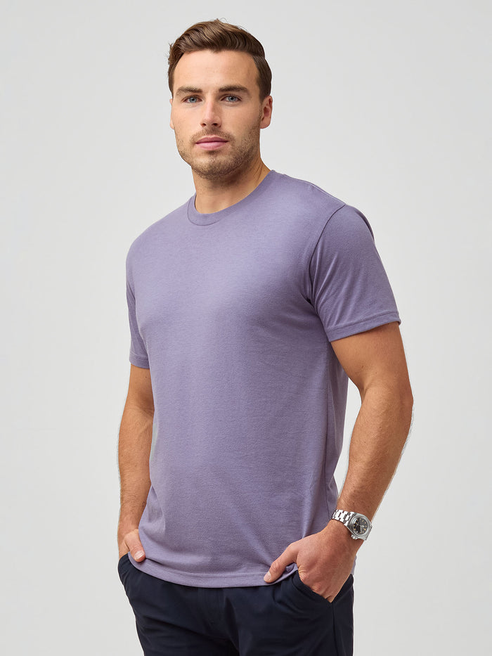 Jake is 5'11" and wears size M # Flint Purple crew neck t-shirt for men, StratuSoft™ fabric