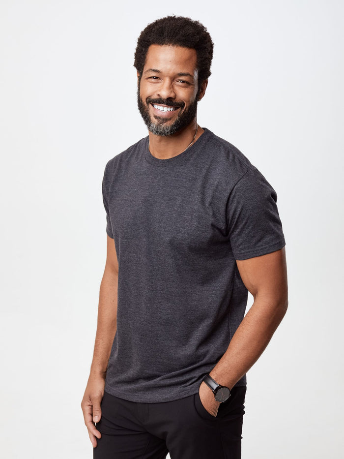 Jarrett is 6', 168lbs and wears a size M # Best Sellers Crew T-Shirt 6-Pack with Charcoal | Fresh Clean Threads