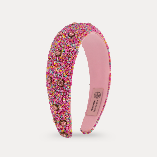 a headband with colorful beaded flowers