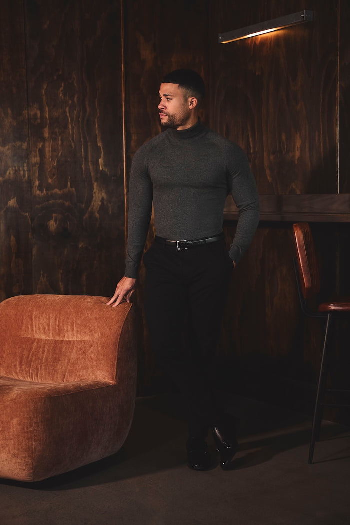 Cotton Blend Roll Neck Sweater in Charcoal - TAILORED ATHLETE - USA