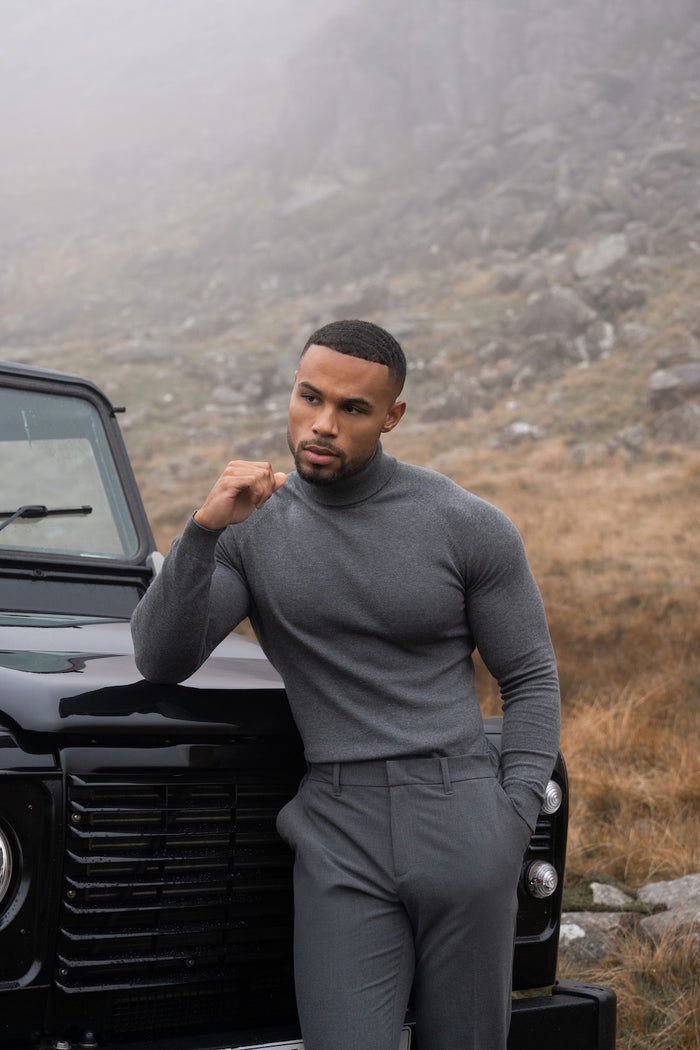 Cotton Blend Roll Neck Sweater in Charcoal - TAILORED ATHLETE - USA