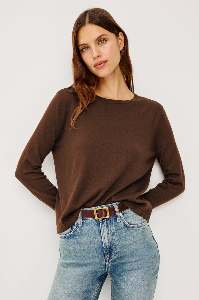 Cotton Cashmere Long Sleeve Tee With Crew Neckline in Espresso Colorway - Upper Body Front View Featured on Model