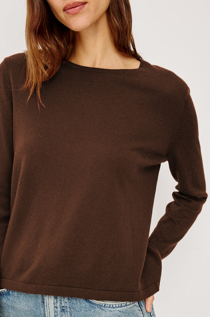 Cotton Cashmere Long Sleeve Tee With Crew Neckline in Espresso Colorway - Upper Body Close Up Front View Featured on Model
