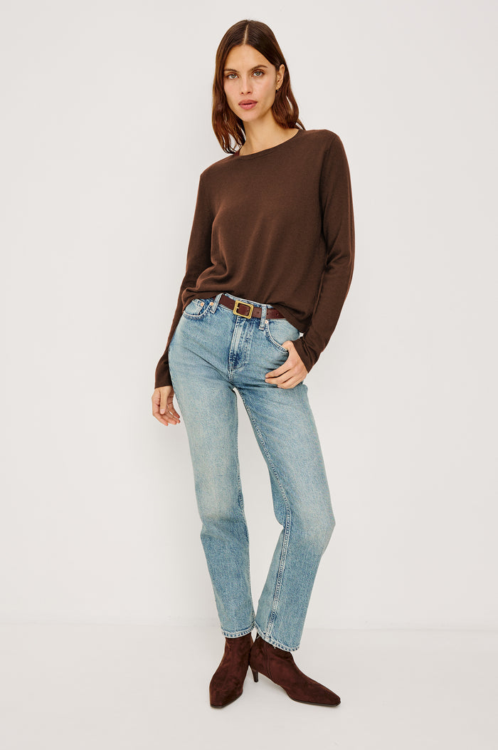 Cotton Cashmere Long Sleeve Tee With Crew Neckline in Espresso Colorway - Full Body Front View Featured on Model