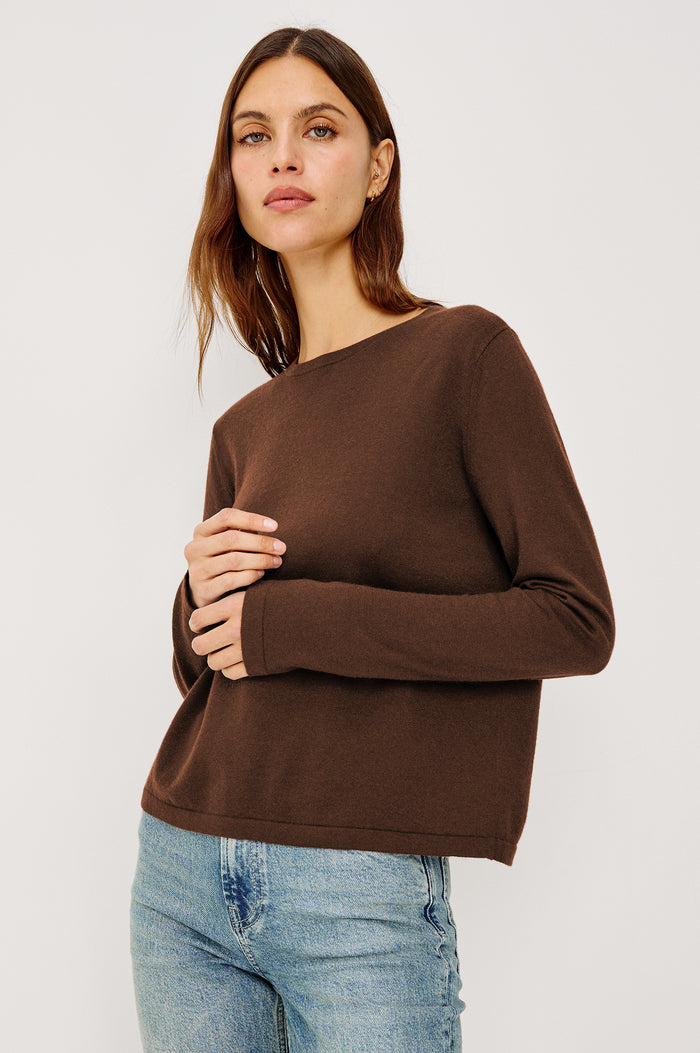 Cotton Cashmere Long Sleeve Tee With Crew Neckline in Espresso Colorway - Upper Body Front View Featured on Model