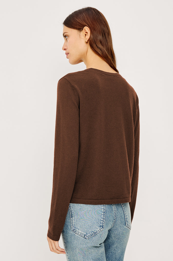Cotton Cashmere Long Sleeve Tee With Crew Neckline in Espresso Colorway - Upper Body Back View Featured on Model