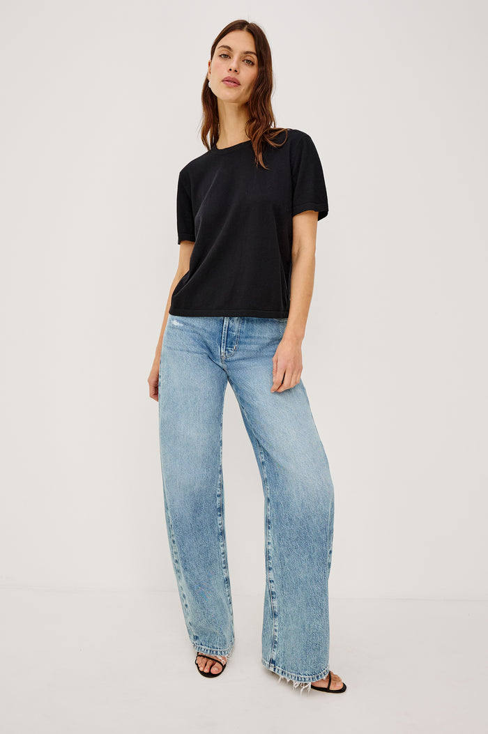 Cotton Cashmere Short Sleeve crew neck T-Shirt in Black - front view on model