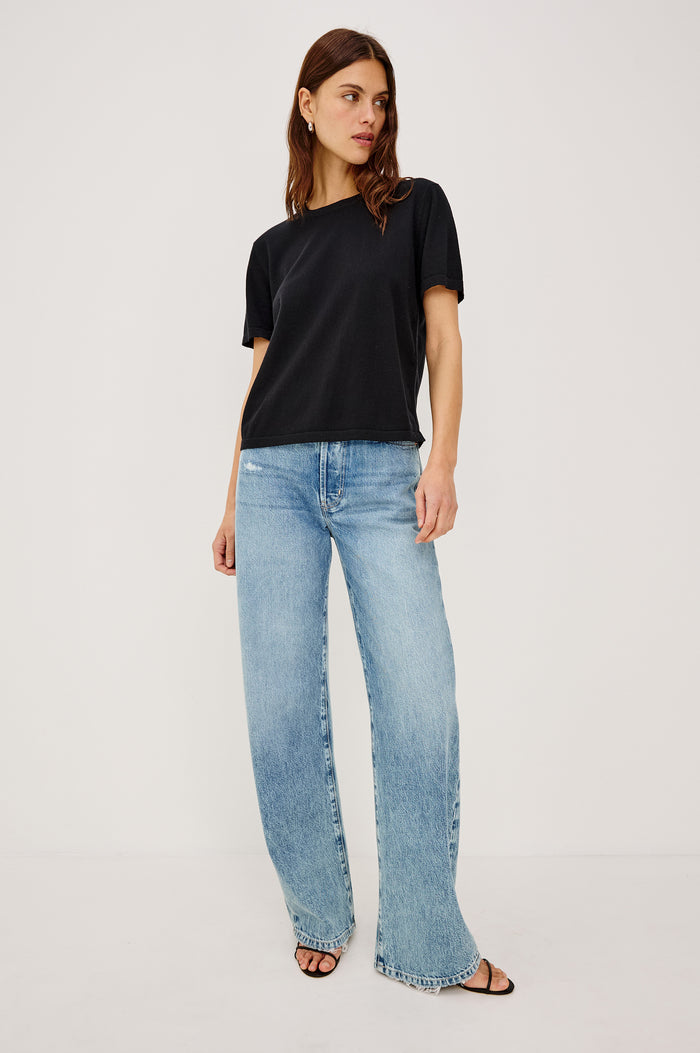 Cotton Cashmere Short Sleeve crew neck T-Shirt in Black - front view on model