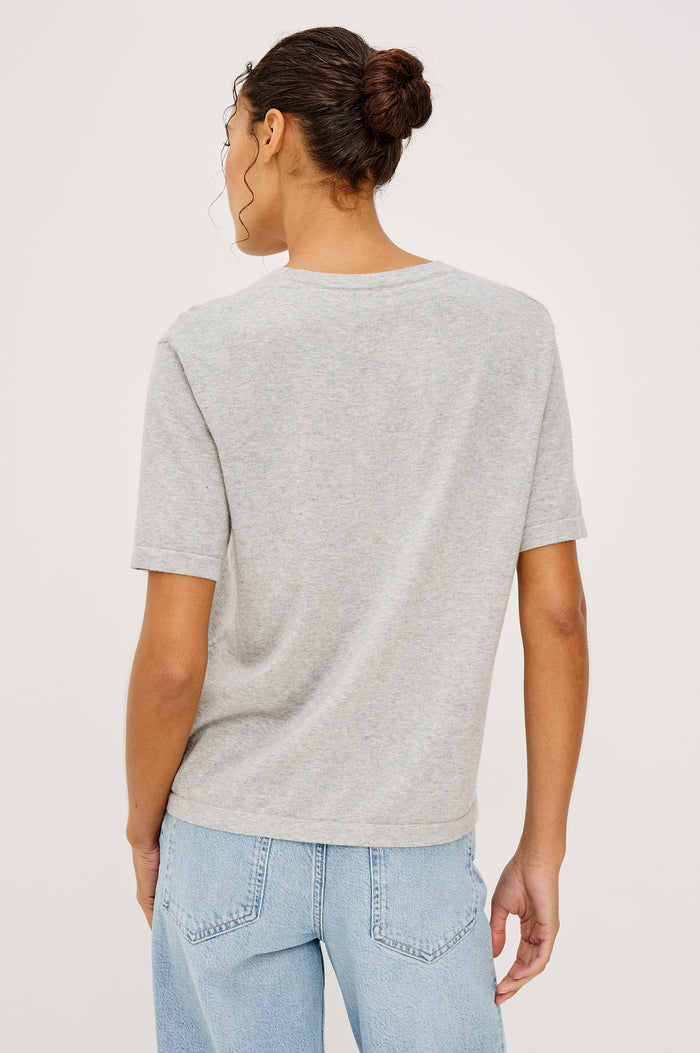 Cotton Cashmere Short Sleeve crew neck T-Shirt in Heather Grey - front view on model