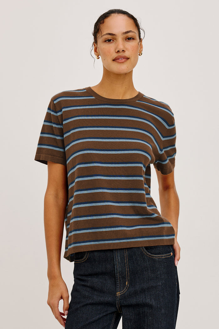 Davie Top in Cotton-Cashmere Blend With Slim Fit, Ribbed Crew Neck, Cuffs, and Hem, and Long Sleeves in Mocha Stripe Colorway - Upper Body Front View Featured on Model