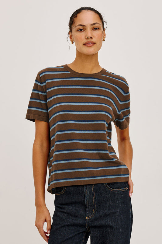 Davie Top in Cotton-Cashmere Blend With Slim Fit, Ribbed Crew Neck, Cuffs, and Hem, and Long Sleeves in Mocha Stripe Colorway - Upper Body Front View Featured on Model