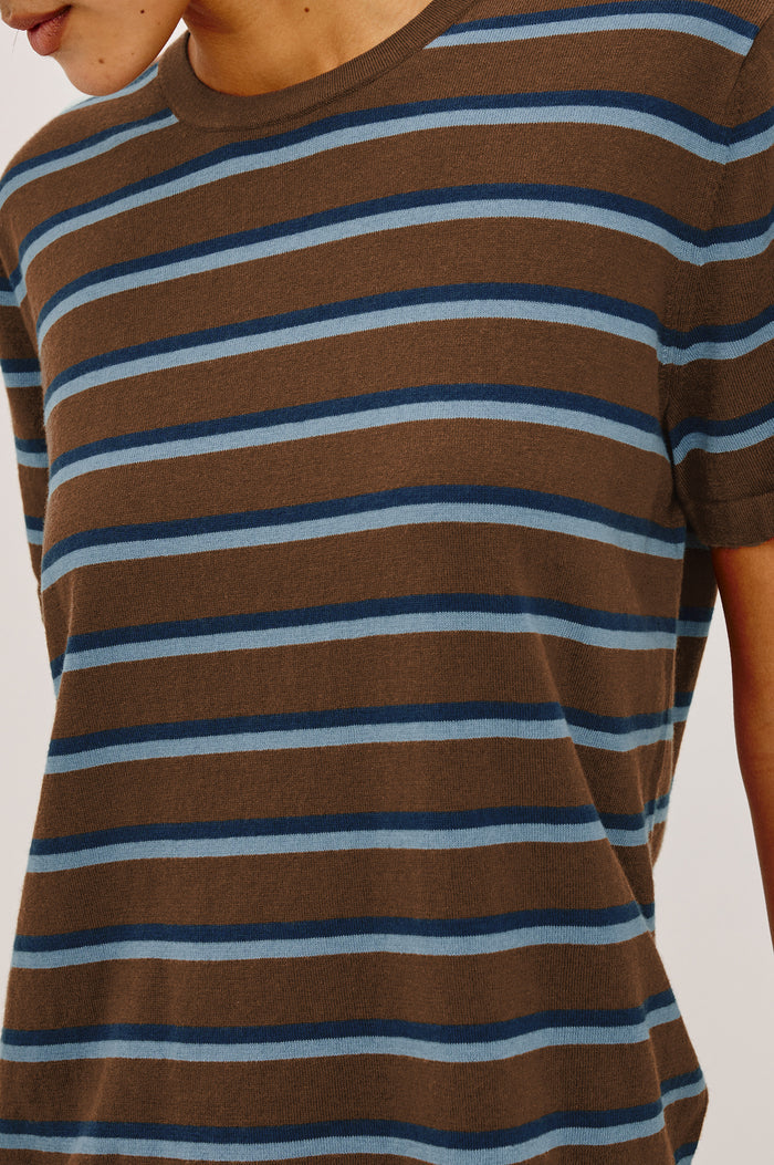 Davie Top in Cotton-Cashmere Blend With Slim Fit, Ribbed Crew Neck, Cuffs, and Hem, and Long Sleeves in Mocha Stripe Colorway - Upper Body Front View Featured on Model
