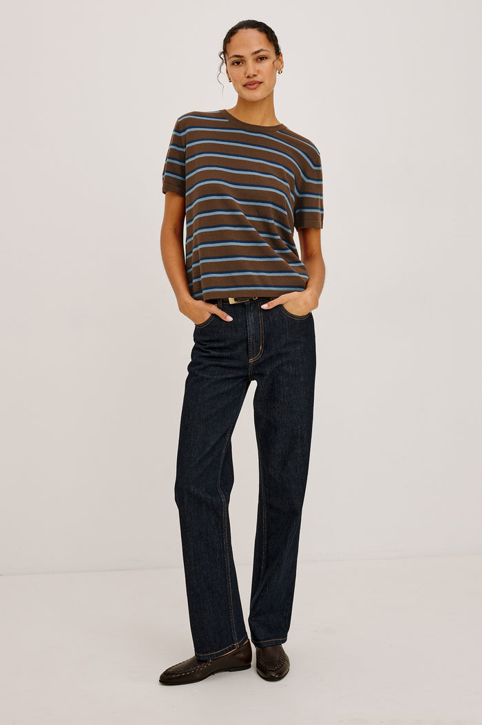 Davie Top in Cotton-Cashmere Blend With Slim Fit, Ribbed Crew Neck, Cuffs, and Hem, and Long Sleeves in Mocha Stripe Colorway - Full Body Front View Featured on Model
