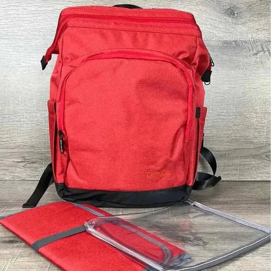 Cotton Road Nappy Bag deep red backpack with front zip compartment and side bottle pockets