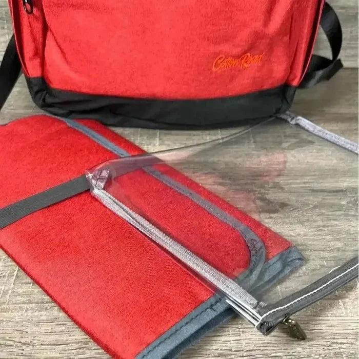 Cotton Road Nappy Bag deep red backpack with front zip compartment and side bottle pockets