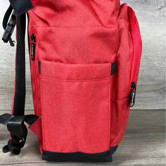 Deep red Cotton Road Nappy Bag backpack with front zip, side bottle pockets, included changing mat, and wet bag