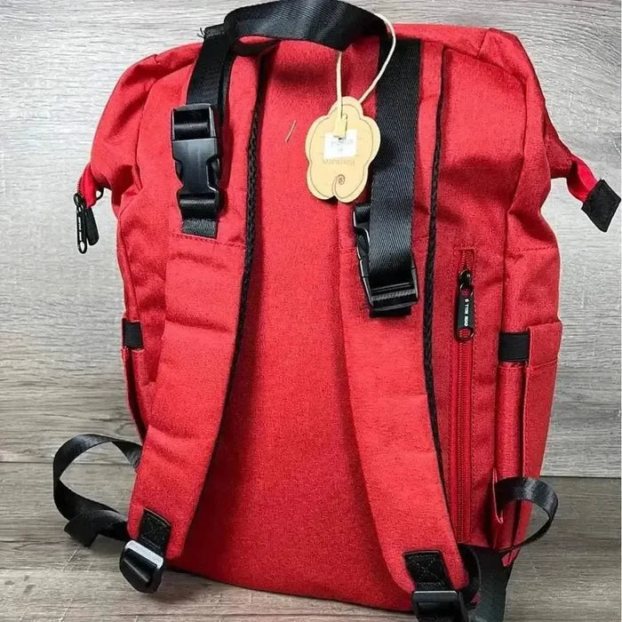 Deep red Cotton Road nappy bag backpack with front zip and side bottle pockets