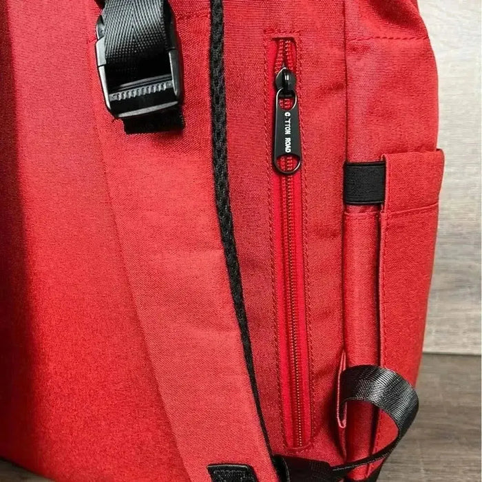 Cotton Road Nappy Bag deep red backpack with front zip and side bottle pockets