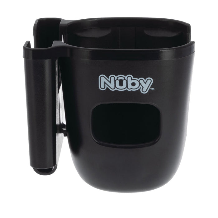 The Nuby Cup & Phone Holder is a black attachment with a rectangular opening and side clamp, designed to securely hold your cup and phone on a stroller or other equipment.