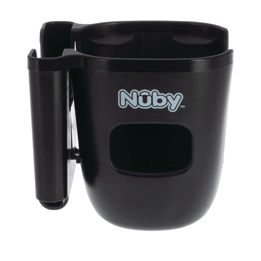 The Nuby Cup & Phone Holder is a black attachment with a rectangular opening and side clamp, designed to securely hold your cup and phone on a stroller or other equipment.