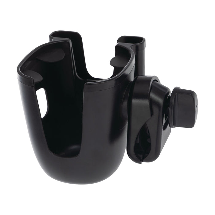 The Nuby Cup & Phone Holder has open sides, a secure adjustable clamp for strollers or wheelchairs, and holds both your drink and phone for convenience on the go.
