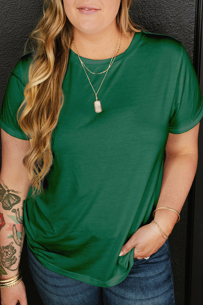 Dark Green Round Neck Rolled Sleeve Plus Size T-Shirt