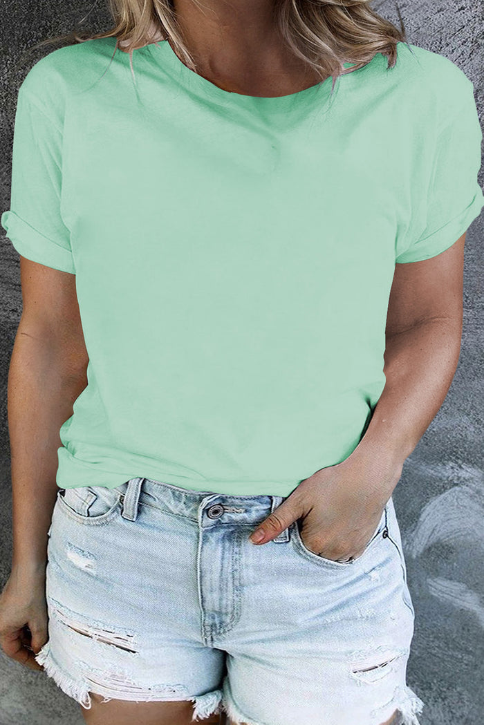 Dark Green Round Neck Rolled Sleeve Plus Size T-Shirt