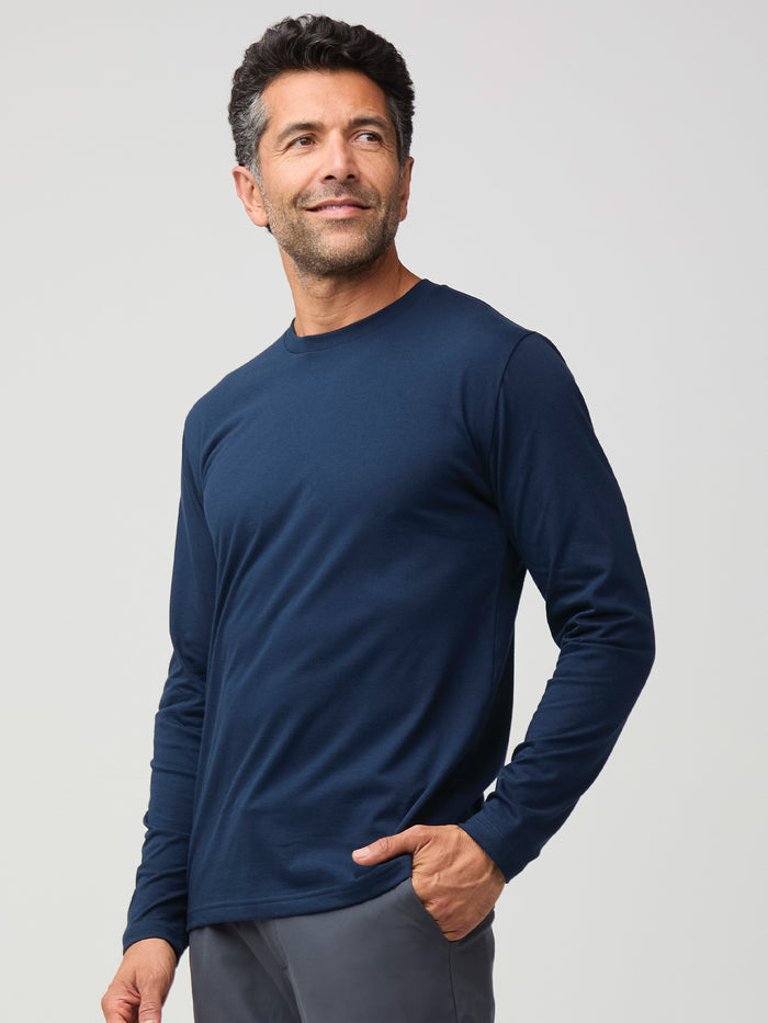 Zadran is 6'0" and wears a size medium # Long Sleeve Crew Neck T-shirt Dark Navy | Fresh Clean Threads