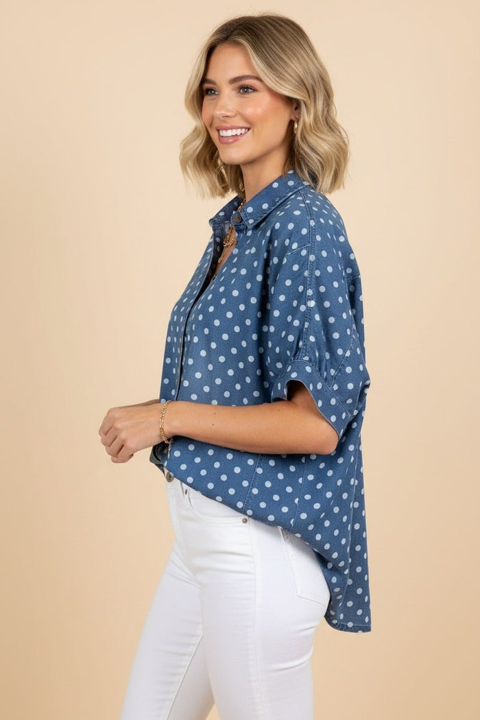 Darling in Denim Dotted Button Down Top