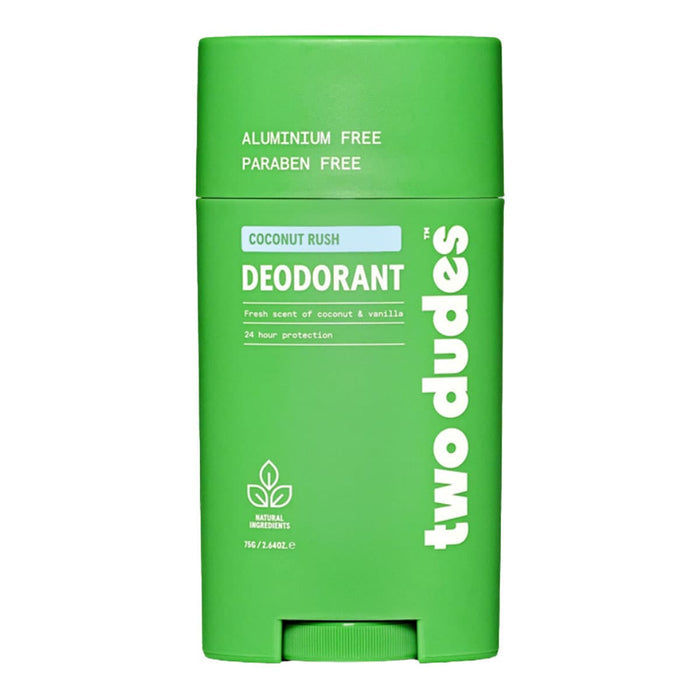 Green deodorant stick with 'two dudes' branding on a white background.