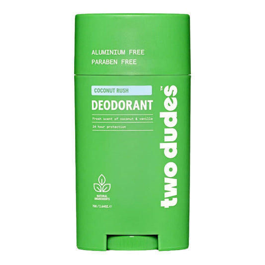 Green deodorant stick with 'two dudes' branding on a white background.
