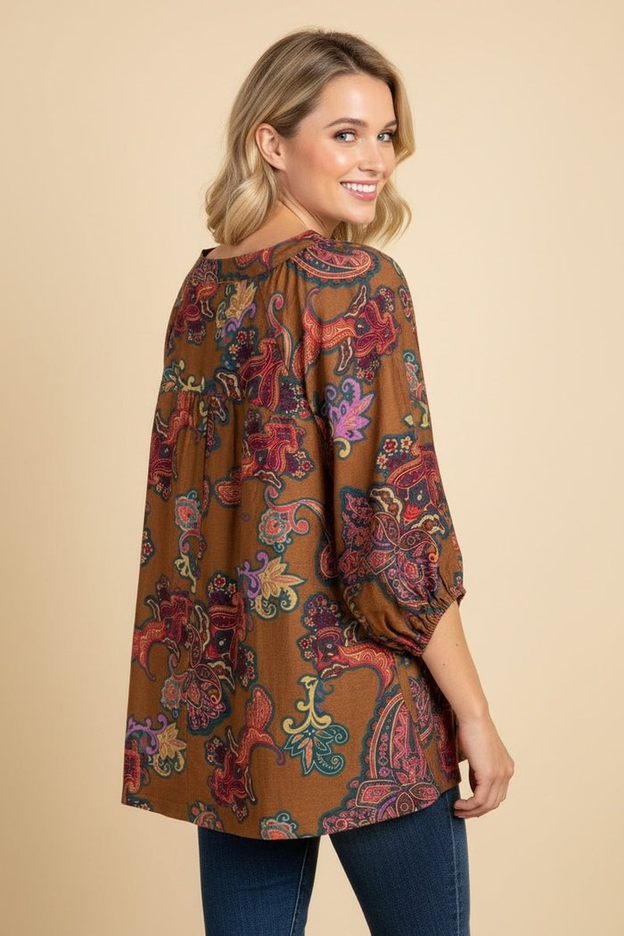 Dreamy Days Fall Boho Paisley Henley Top