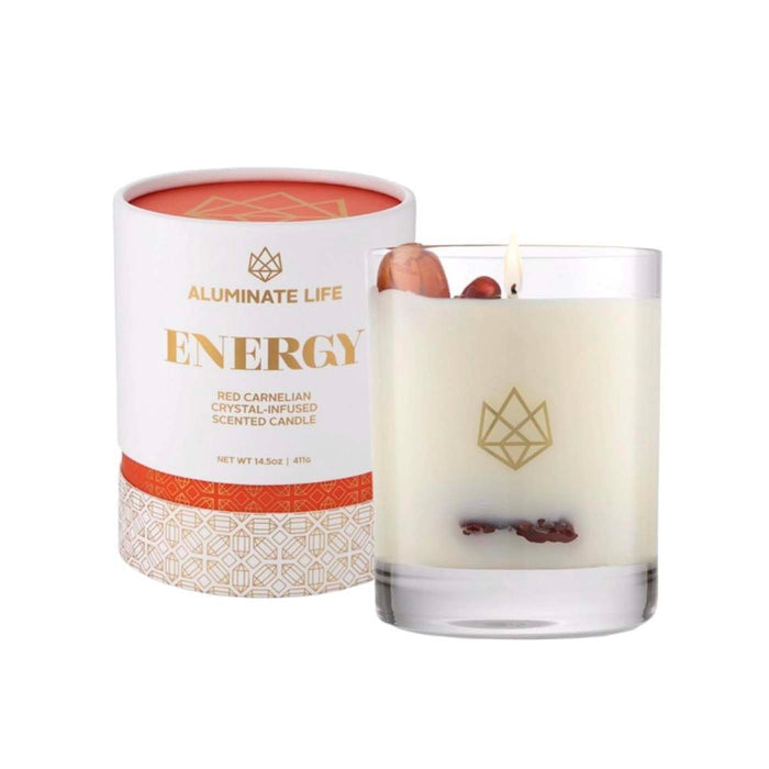 Energy Glass Candle | Aluminate Life featuring a white glass container with red carnelian crystals, next to a matching decorative box, designed to enhance wellness and relaxation.