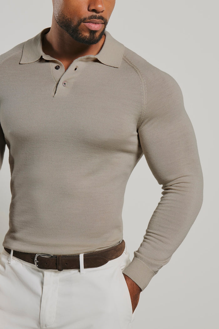 Extra Fine Merino Wool Polo Shirt in Neutral Marl