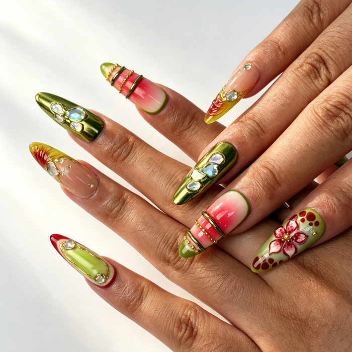Vintage metallic shell inlay long fake nails close-up hand shot