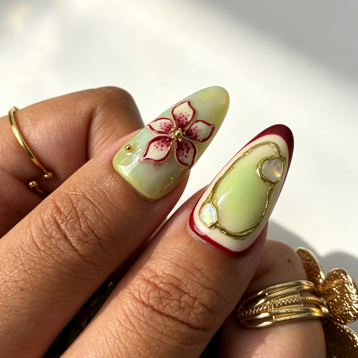 Mint green almond press on nails, 3D burgundy flower gold opal gems handmade fake nails