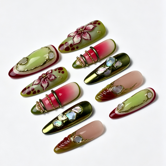Fern Bloom vintage oriental fake nail set, nude base with green gradient cat eye, red floral and iridescent shell embellishments