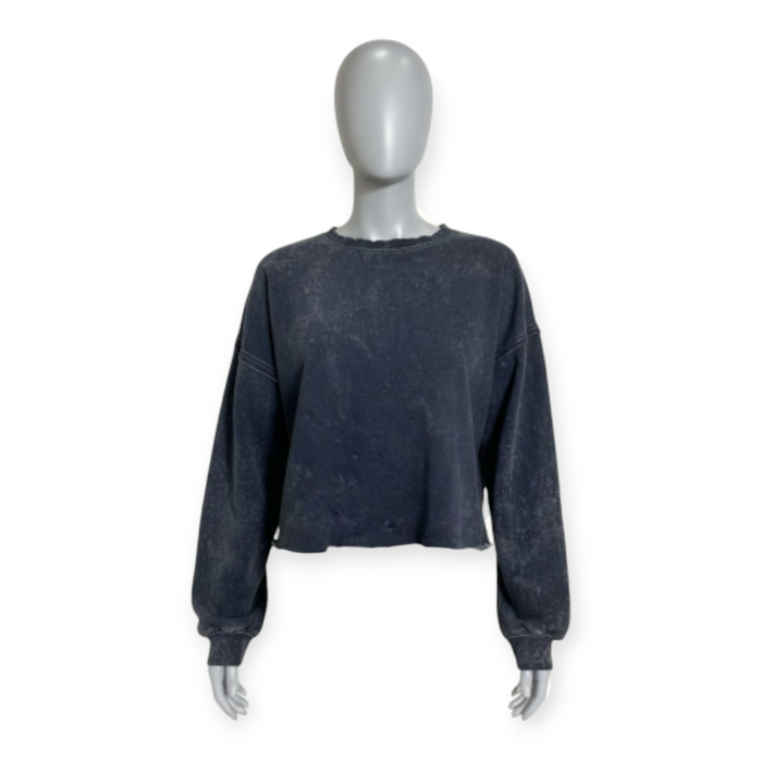 Fleece Cropped Raw Hem Crewneck Sweatshirt Black Mineral Wash *Limited*