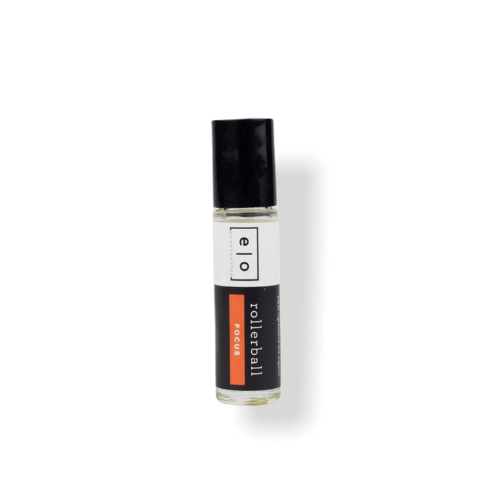 Small clear glass rollerball bottle with black cap and label reading Focus Rollerball - Concentration/Focus Support | Essence One for wellness and concentration aid