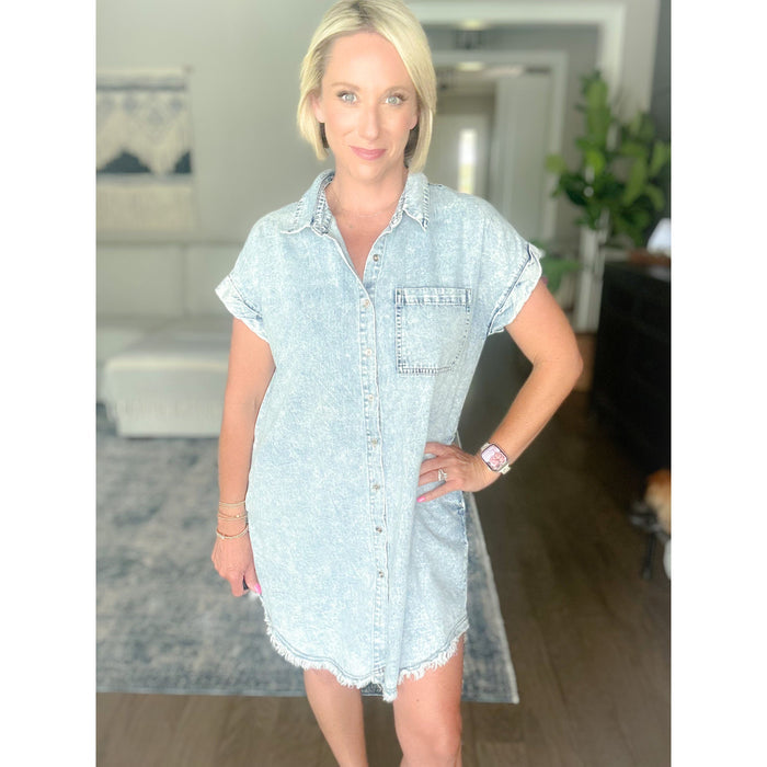 Frayed Hem Denim Shirt Dress
